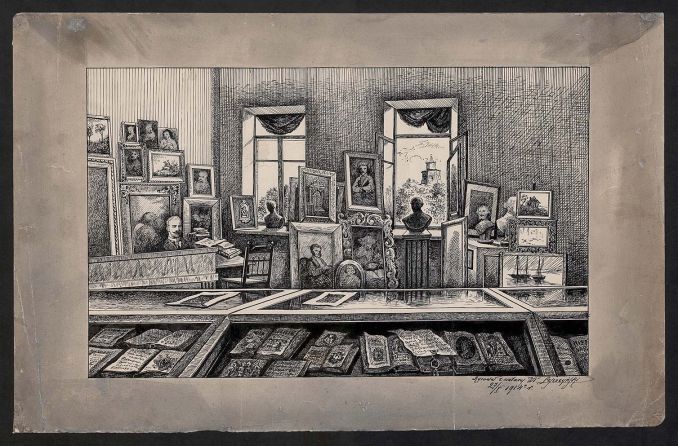 Vilniaus meno ir mokslo muziejaus interjerą įamžinantis Vladislovo Leščinsko piešinys (1914 m., popierius, tušas; 30,7x48)