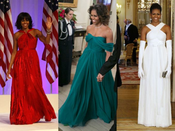 Michelle Obama (kairėje - 2013 m. inauguracijos iškilmių suknelė, dizaineris - Jasonas Wu)