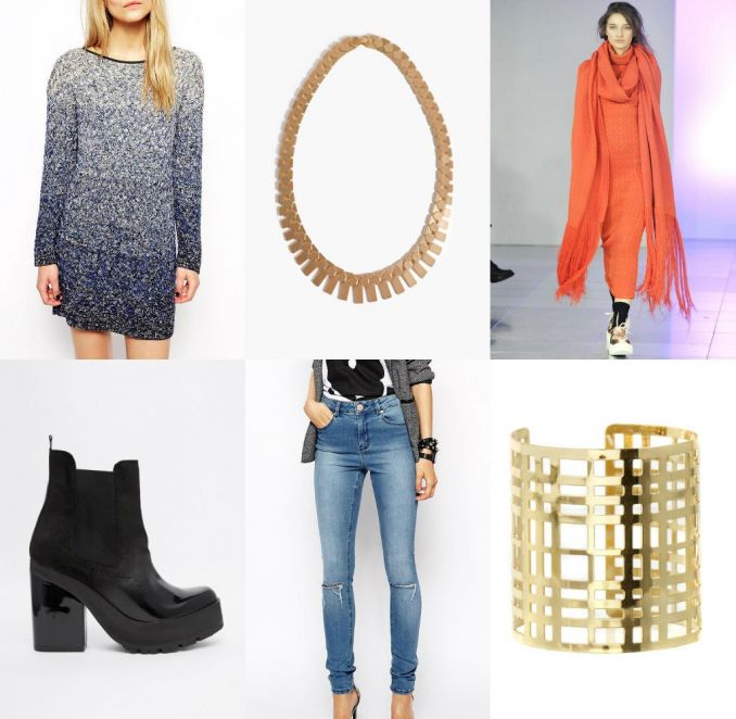 Viršuje: megzta suknelė „Maison Scotch“, kaklo papuošalas „Weekday“, „Mark Fast“ modelis. Apačioje: aulinukai „Miista Yolanda“, džinsai „Asos“, apyrankė „Lipsy“