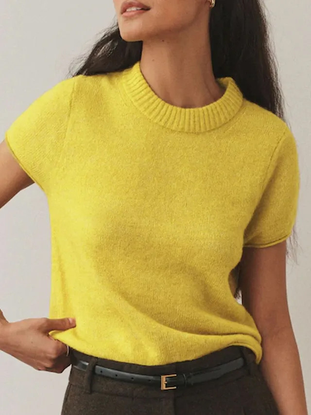 Next Citrine Yellow Sheer Knitted Short Sleeve T-Shirt with Alpaca