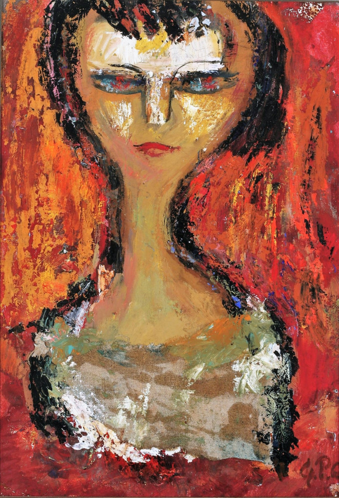 Moteris raudoname fone. 1962, kart., al., kol., .50x45