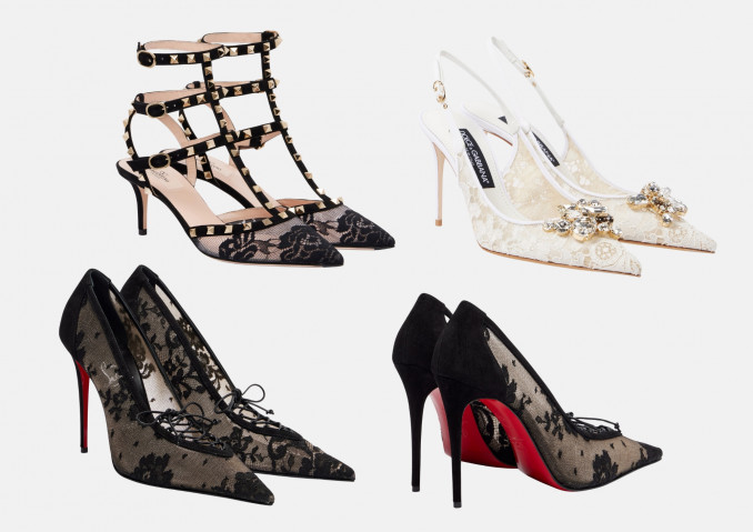 Nėriniais dekoruoti aukštakulniai: „Christian Louboutin“, „Valentino Garavani“, „Dolce&Gabbana“