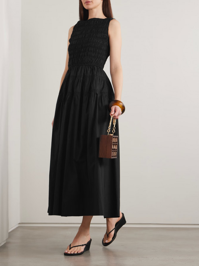 Doen Melie shirred paneled pleated organic cotton-poplin midi dress