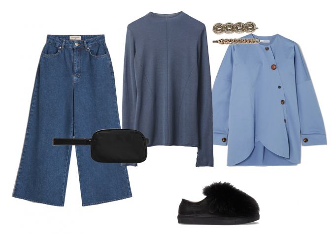 Džinsai „Reserved“, megztukas „H&M Conscious Exclusive“, rankinė „The Row“, batai „Weekend Max Mara“, plaukų segtukai „Asos“, marškiniai „Rejina Pyo“