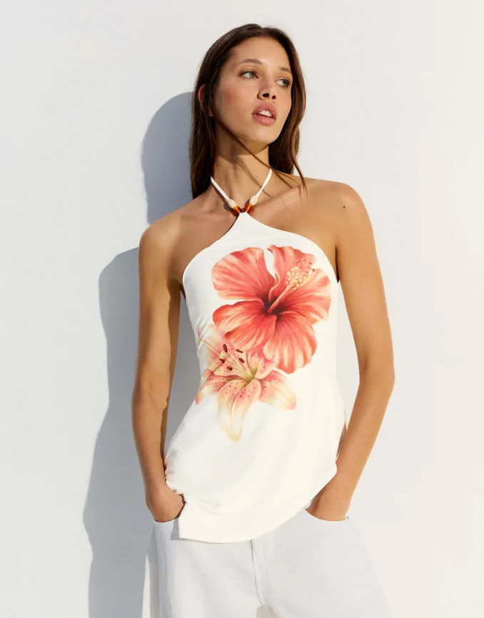Bershka Halter Neck Print Top in White