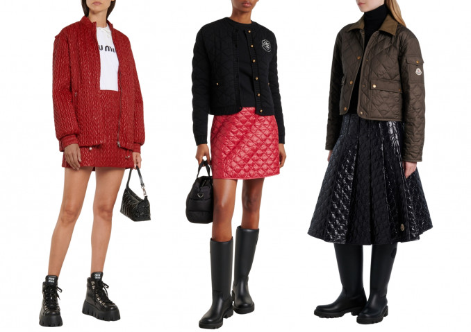 Dygsniuoti drabužiai: sijonas, „Miu Miu“, megztinis ir sijonas „Moncler“