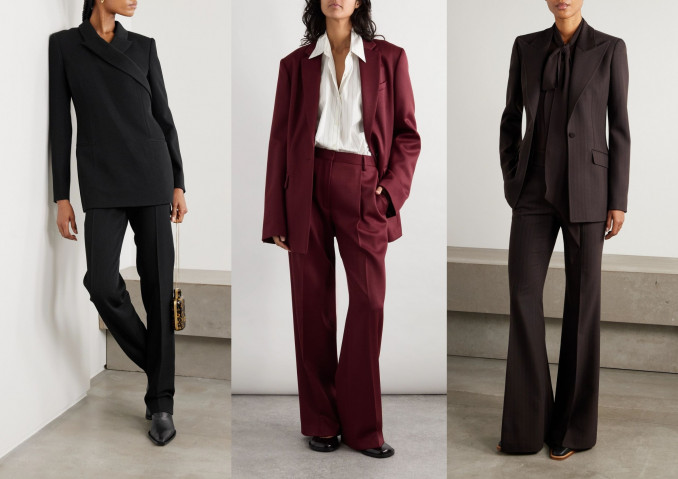 Kelnių kostiumai: „Calvin Klein Collection“, „Dries Van Noten“, „Gabriela Hearst“