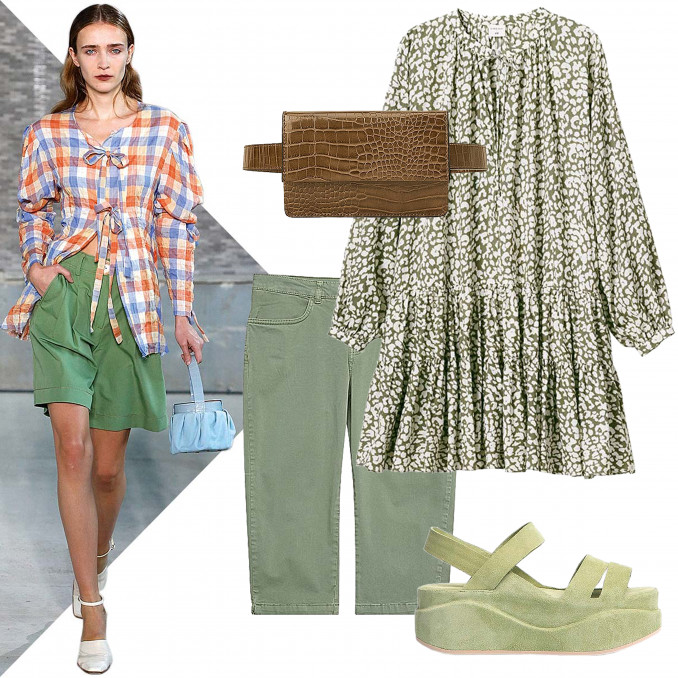 Šortai, 45,95 Eur, MOSAIC, Tunika, 39,99 Eur, H&M, Basutės, “Del Carlo”, 350 Eur, DOLITA,  Rankinė-diržas, 19,95 Eur, ZARA