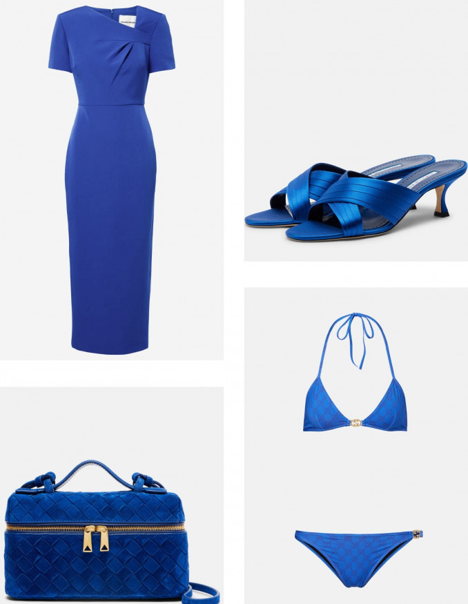 Suknelė, „Roland Mouret“, rankinė, „Bottega Veneta“, basutės, „Manolo Blahnik“, maudymosi kostiumėlis, „Gucci“