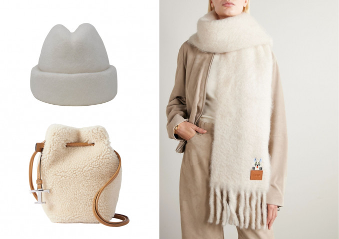 Aksesuarai: skrybėlė, „Gigi Burris“, rankinė, „Tod‘s“, šalikas, „Loewe“